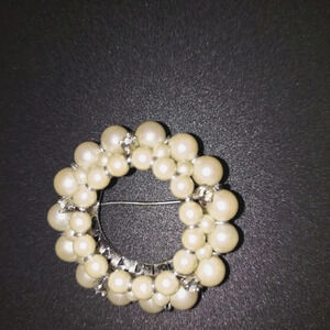 Vintage 2 row Circular Faux Pearl and Rhinestones Brooch